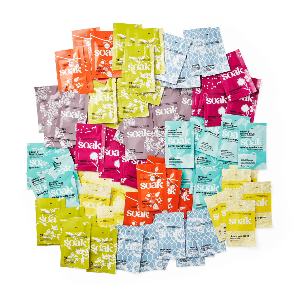 Soak Wash | Sample Size MiniSoak | Assorted Fragrances | 5 mL Single Use | Gentle No-Rinse Laundry Soap