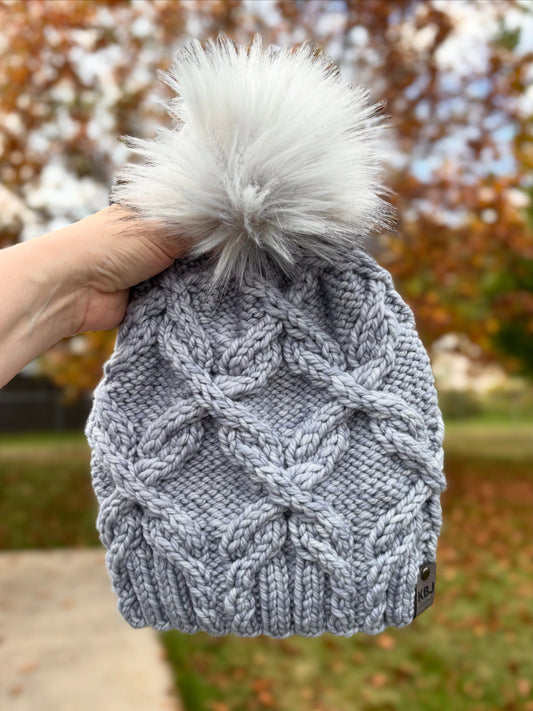 Double Cross Beanie | LUXURY Handmade 100% Merino Wool Knit Beanie | Malabrigo Chunky | Detachable Faux Fur Pom Pom | ADULT Size | Ready To Ship