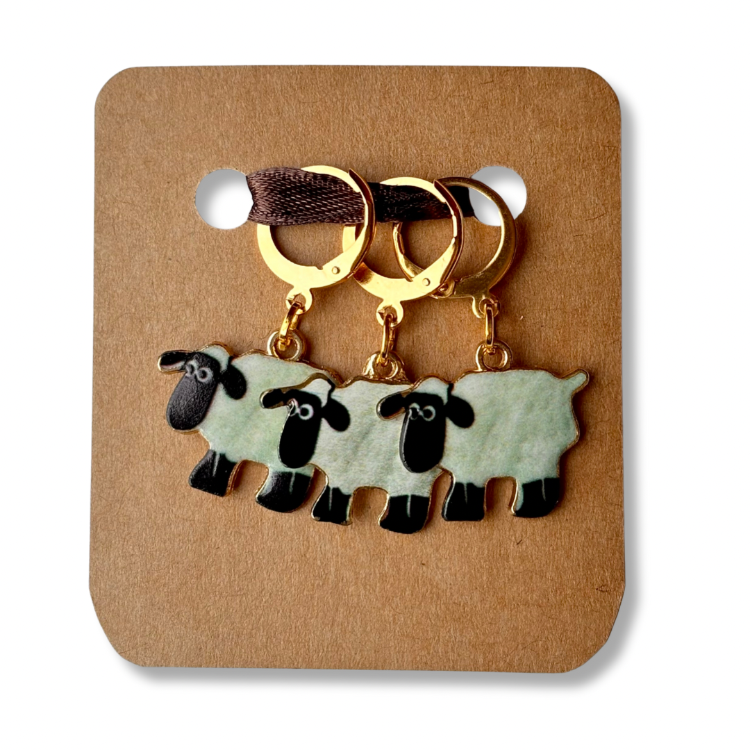 Stitch Markers: Enamel Sheep with round lever back clasps (set of 3 markers, white or black)