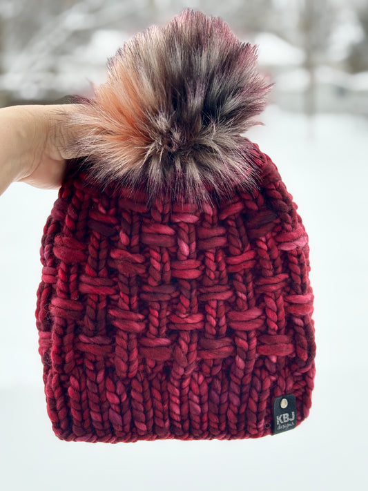 Wicker Basket Hat | LUXURY Handmade 100% Merino Wool Knit Beanie | Malabrigo Rasta | Detachable Faux Fur Pom Pom | ADULT size | Ready To Ship