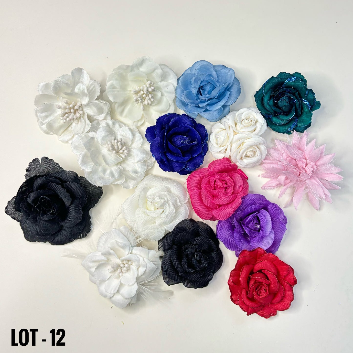 FABRIC FLOWERS: Assorted colors and sizes (with and without clips/pins)