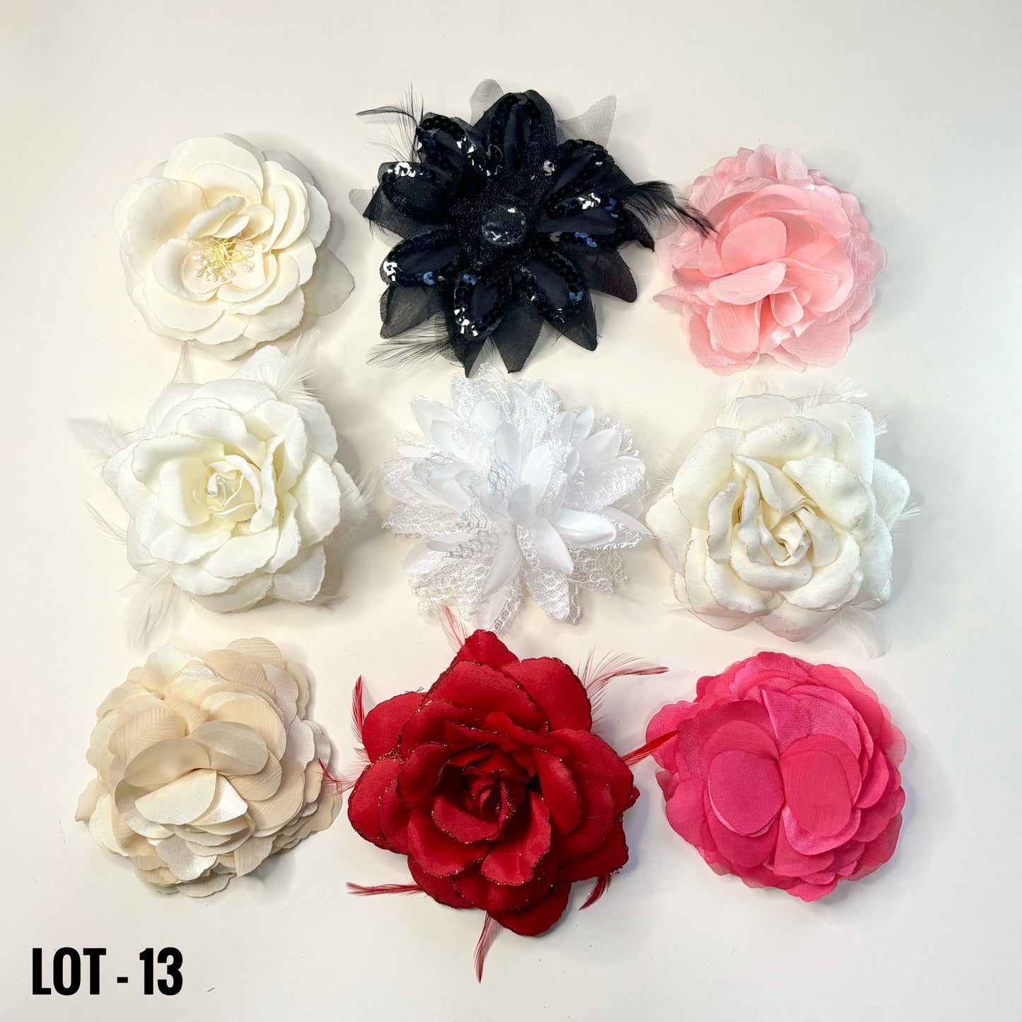 FABRIC FLOWERS: Assorted colors and sizes (with and without clips/pins)