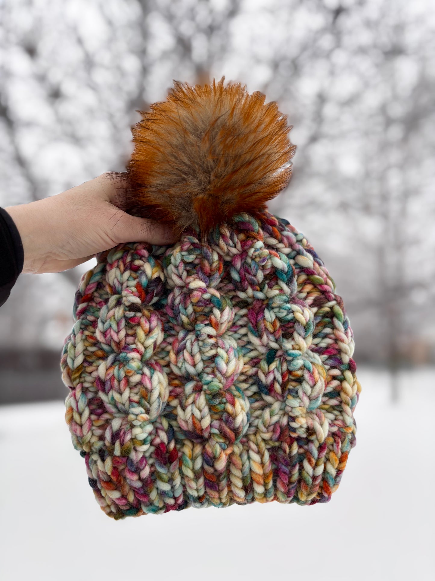 Nordic Cable Link Beanie | LUXURY Handmade 100% Merino Wool Knit Beanie | Malabrigo Rasta | Detachable Faux Fur Pom Pom | ADULT size | Ready To Ship