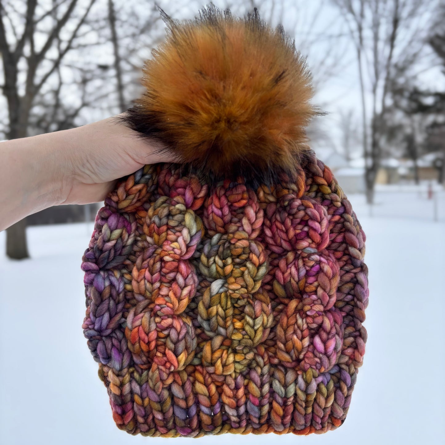 Nordic Cable Link Beanie | LUXURY Handmade 100% Merino Wool Knit Beanie | Malabrigo Rasta | Detachable Faux Fur Pom Pom | ADULT size | Ready To Ship