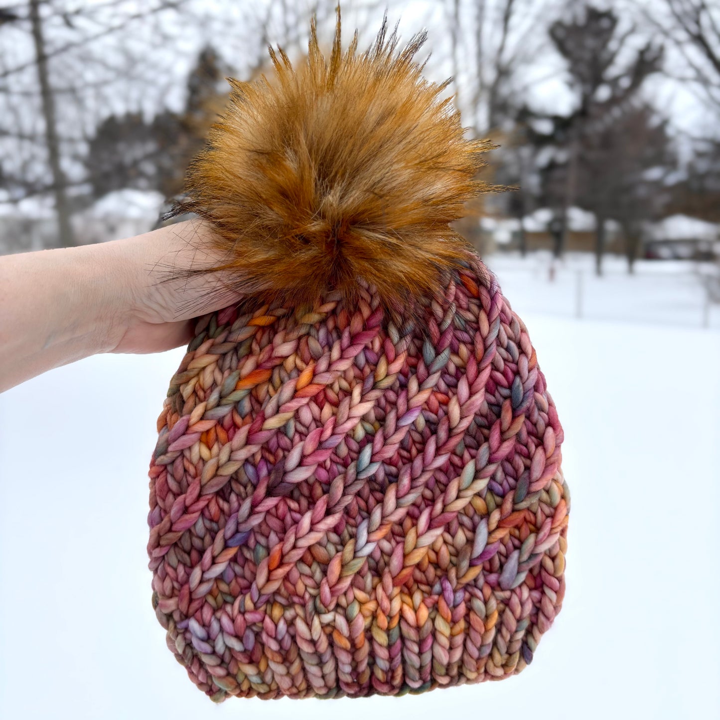 Alpine Swirl Beanie| LUXURY Handmade 100% Merino Wool Knit Beanie | Malabrigo Rasta | Detachable Faux Fur Pom Pom | ADULT Size | Ready To Ship