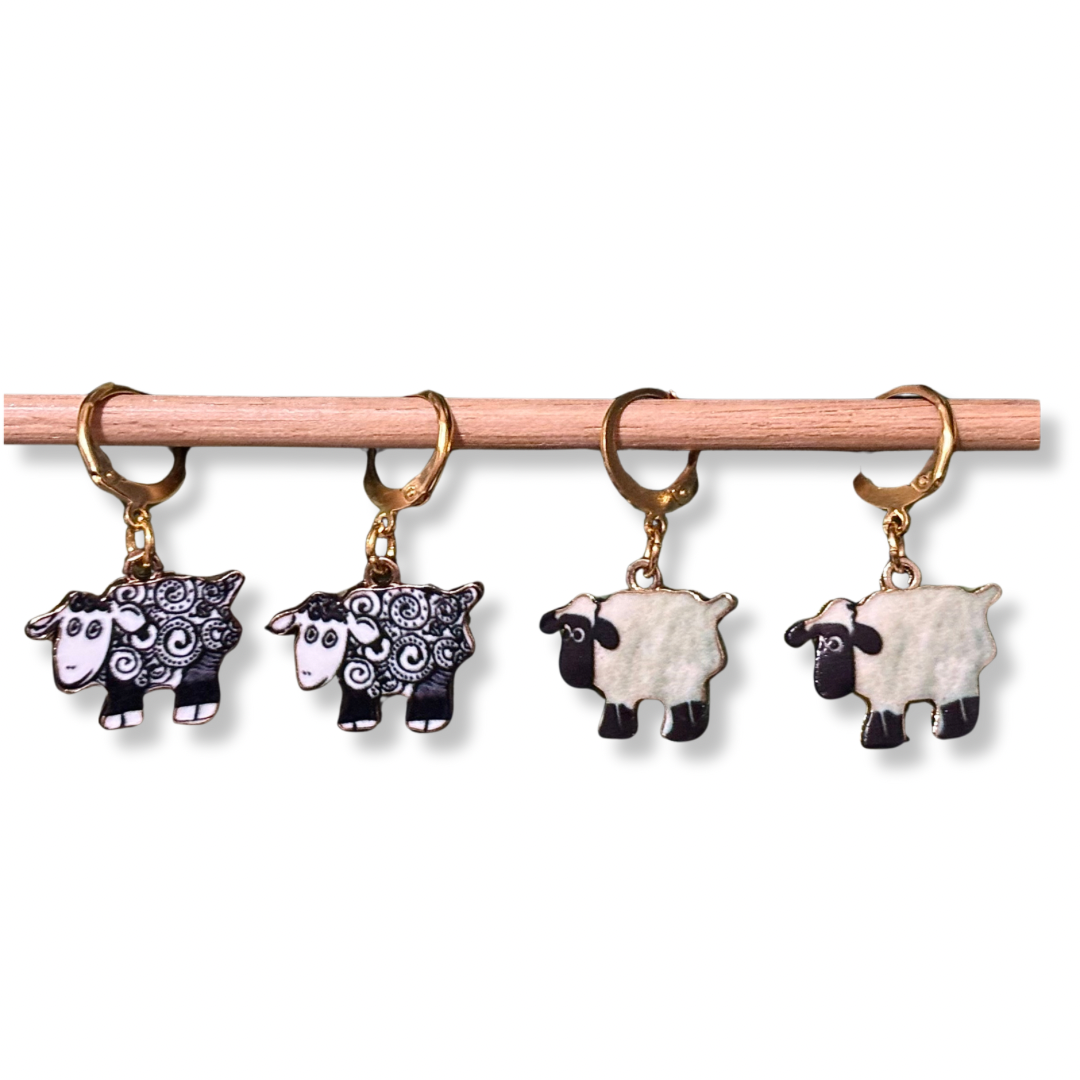 Stitch Markers: Enamel Sheep with round lever back clasps (set of 3 markers, white or black)