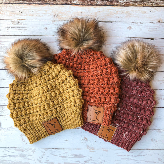 Premium Handmade Crochet Beanie in Various Colors | Gramercy Slouch with Minnesota Patch | Wool Blend | Detachable Faux Fur Pom Pom  |  Ready To Ship
