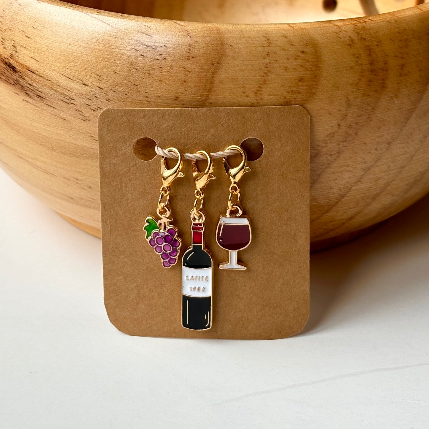 Stitch Markers: Wine Collection with Grapes, Wine Bottle, Wine Glass (set of 3 markers)