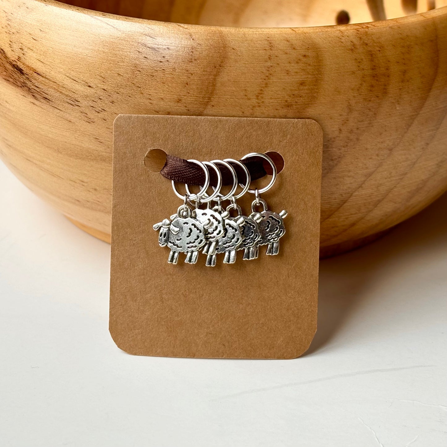 Stitch Markers: Silver Sheep on rings for Knitting Needles (set of 5 markers)