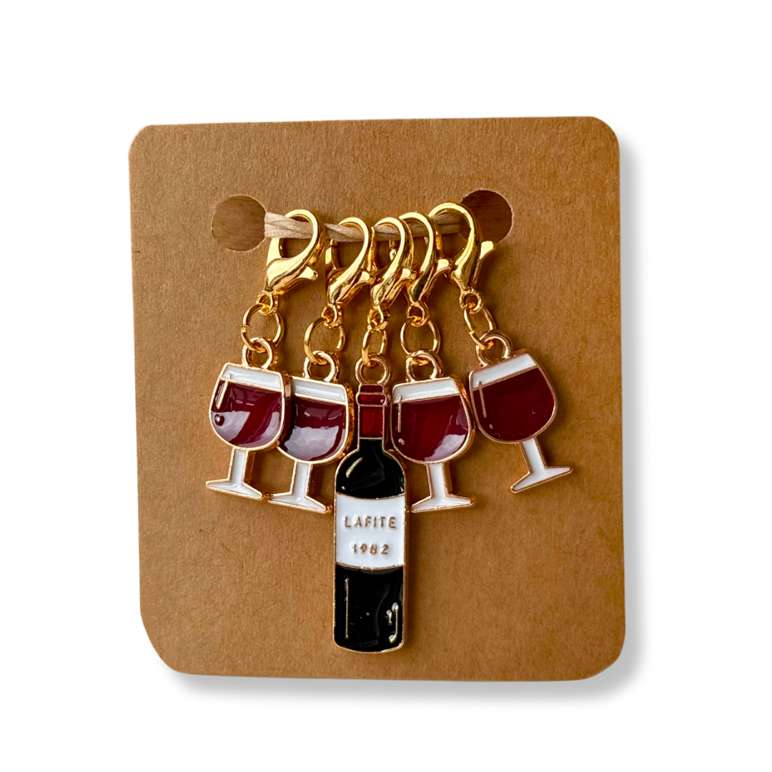 Stitch Markers: Wine Collection with Wine Bottle and Wine Glasses (set of 5 markers)