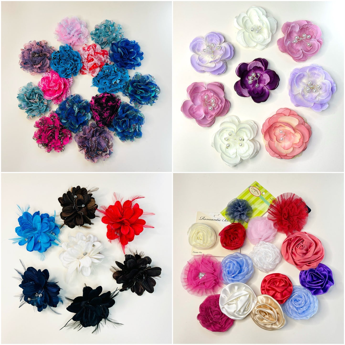 FABRIC FLOWERS: Assorted colors and sizes (with and without clips/pins)
