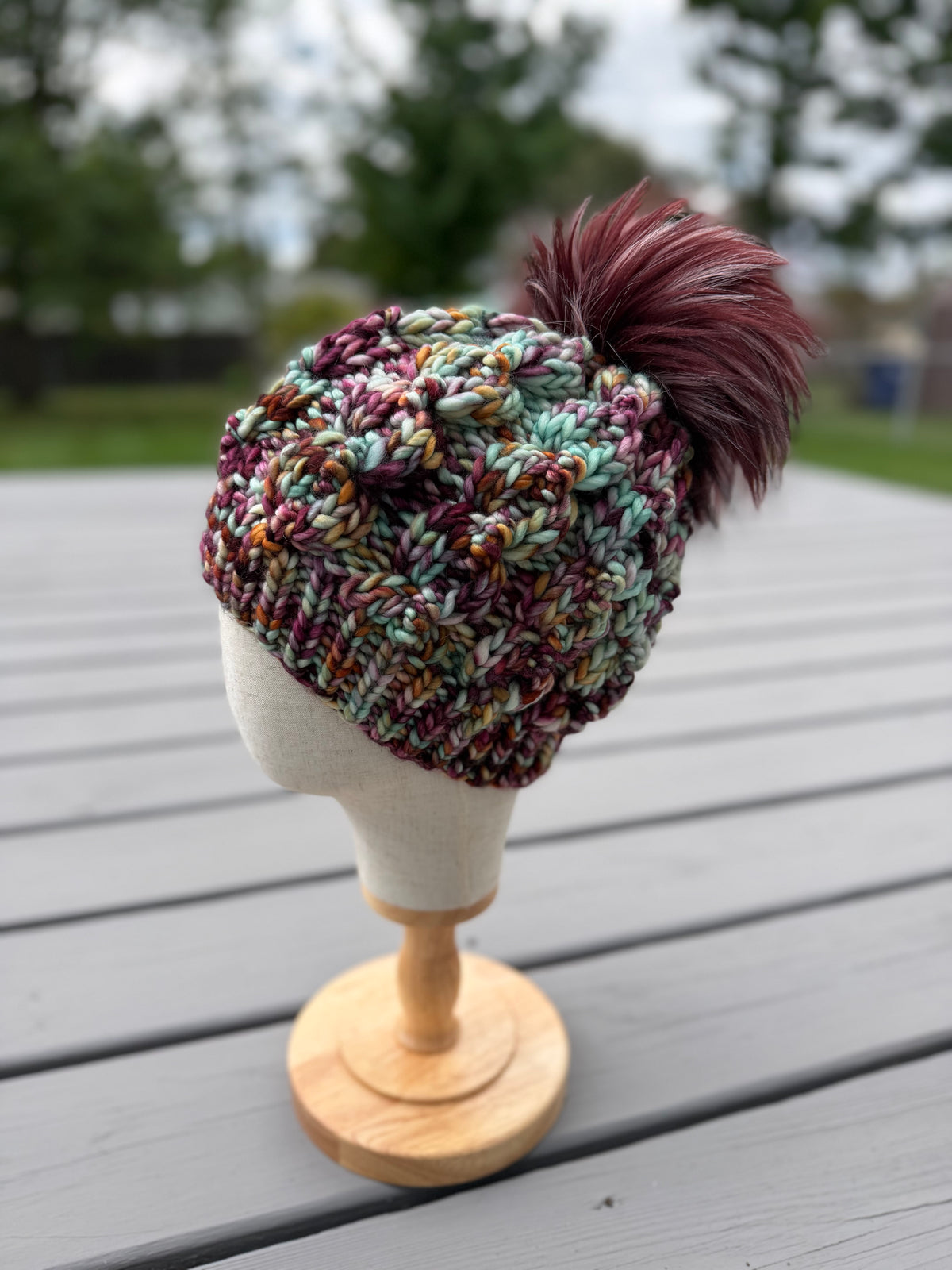 Nordic Cable Link Beanie | LUXURY Handmade 100% Merino Wool Knit Beanie | Manos del Uruguay Franca | Detachable Faux Fur Pom Pom | ADULT size | Ready To Ship