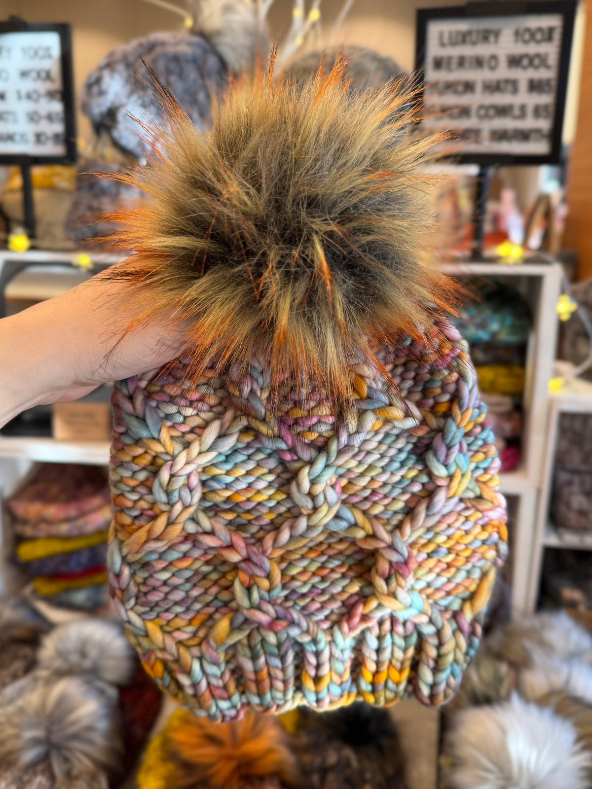 Entangled Beanie | LUXURY Handmade 100% Merino Wool Knit Beanie | Malabrigo Rasta | Detachable Faux Fur Pom Pom | ADULT size | Ready To Ship