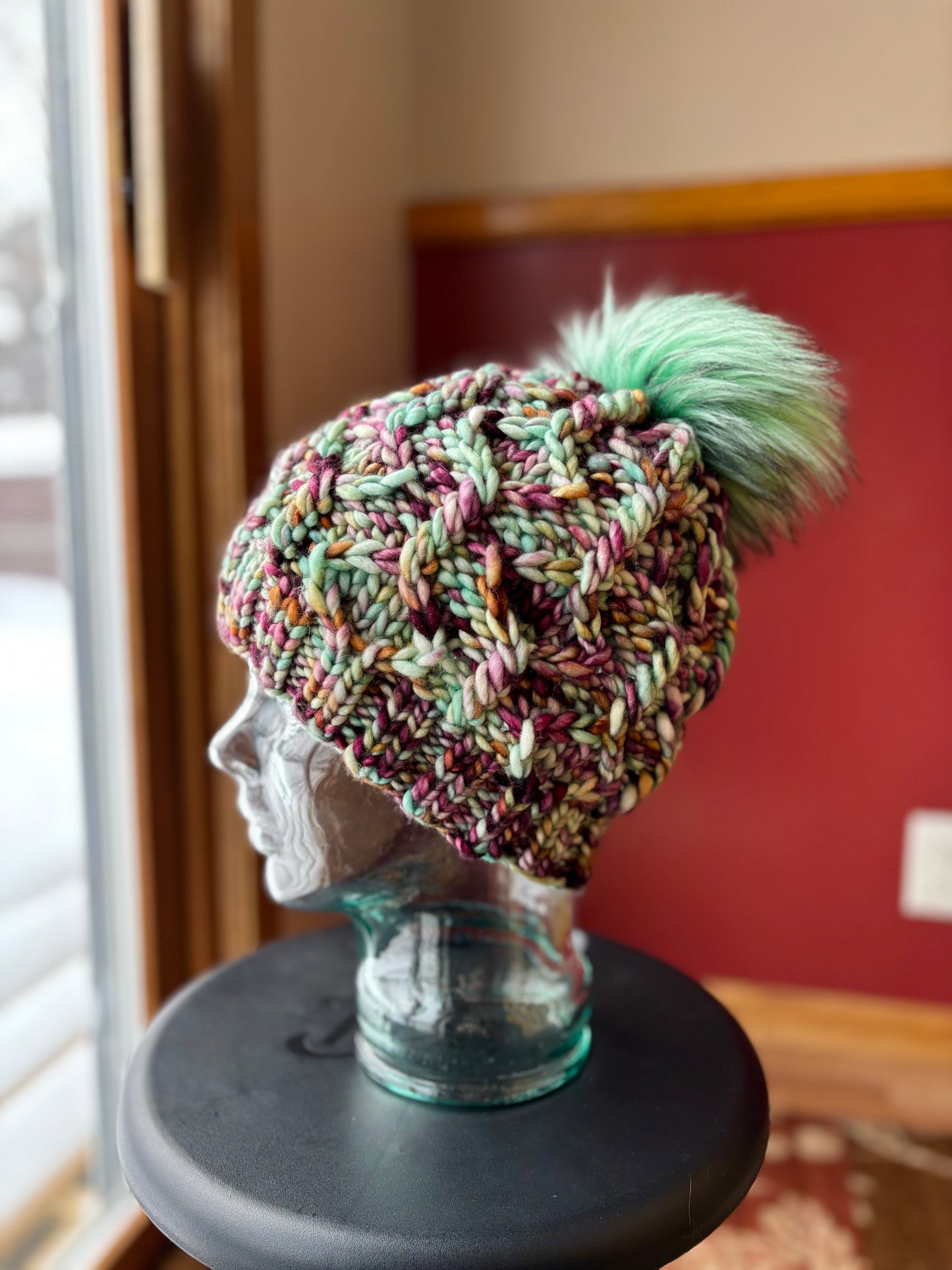 Wine Twister Beanie | LUXURY Handmade 100% Merino Wool Knit Beanie | Franca Manos del Uruguay | Detachable Faux Fur Pom Pom | MEDIUM/LARGE ADULT size | Ready To Ship