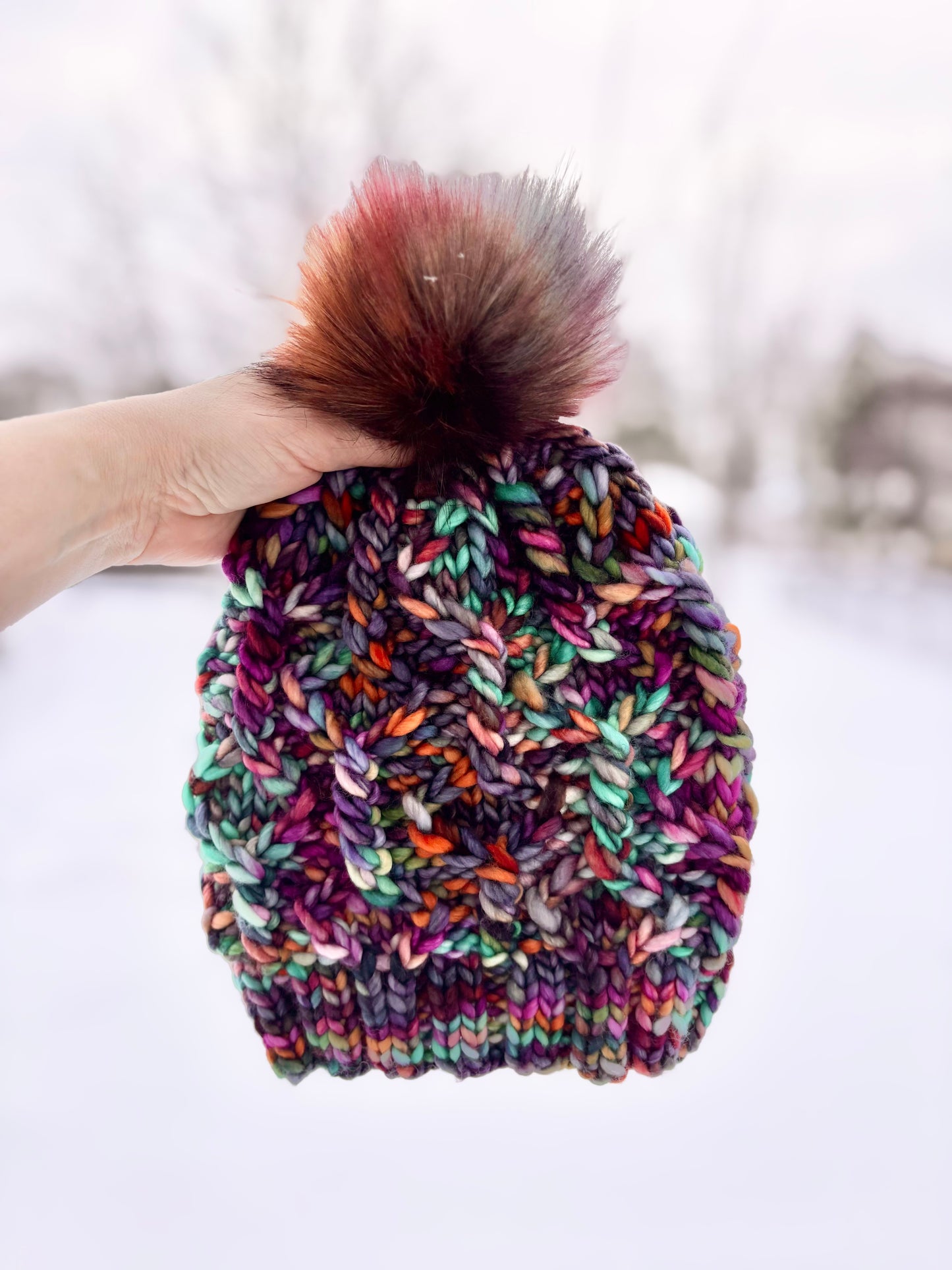Wine Twister Beanie | LUXURY Handmade 100% Merino Wool Knit Beanie | Franca Manos del Uruguay | Detachable Faux Fur Pom Pom | ADULT size | Ready To Ship