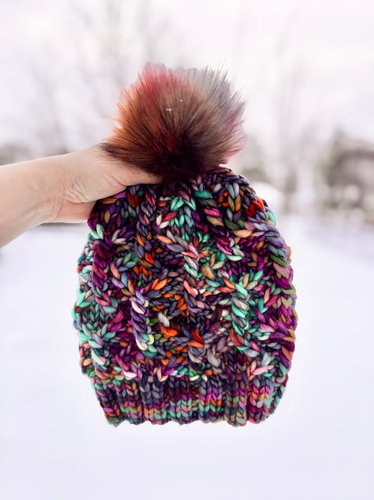 Wine Twister Beanie | LUXURY Handmade 100% Merino Wool Knit Beanie | Franca Manos del Uruguay | Detachable Faux Fur Pom Pom | ADULT size | Ready To Ship
