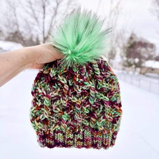 Wine Twister Beanie | LUXURY Handmade 100% Merino Wool Knit Beanie | Franca Manos del Uruguay | Detachable Faux Fur Pom Pom | MEDIUM/LARGE ADULT size | Ready To Ship