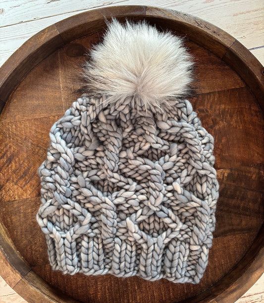 Wine Twister Beanie | LUXURY Handmade 100% Merino Wool Knit Beanie | Malabrigo Rasta | Detachable Faux Fur Pom Pom | SMALL ADULT size | Ready To Ship
