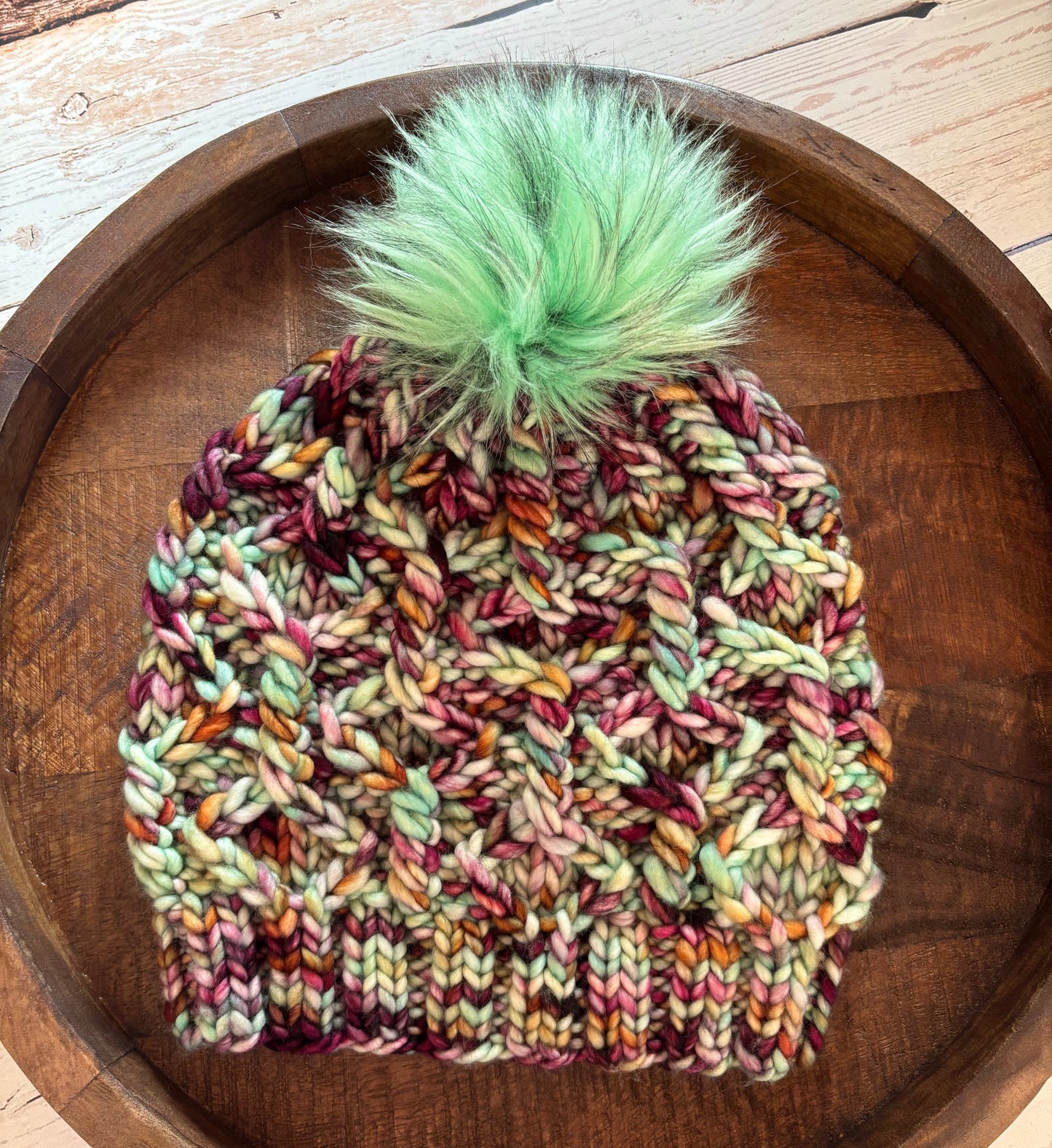 Wine Twister Beanie | LUXURY Handmade 100% Merino Wool Knit Beanie | Franca Manos del Uruguay | Detachable Faux Fur Pom Pom | MEDIUM/LARGE ADULT size | Ready To Ship