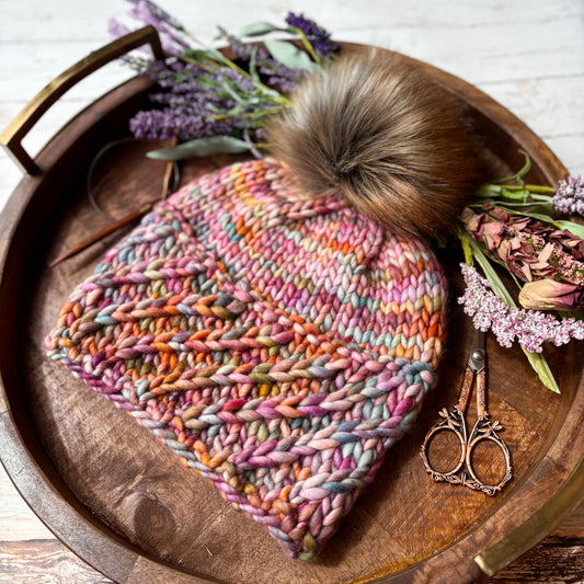 Alpine Twist Beanie | LUXURY Handmade 100% Merino Wool Knit Beanie | Malabrigo Rasta | Detachable Faux Fur Pom Pom | ADULT size | Ready To Ship