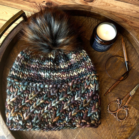 Alpine Twist Beanie | LUXURY Handmade 100% Merino Wool Knit Beanie | Malabrigo Rasta | Detachable Faux Fur Pom Pom | ADULT size | Ready To Ship