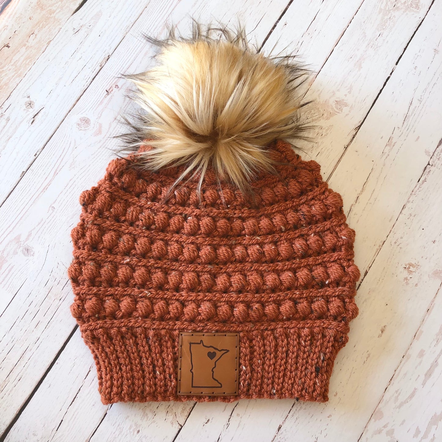 Premium Handmade Crochet Beanie in Various Colors | Gramercy Slouch with Minnesota Patch | Wool Blend | Detachable Faux Fur Pom Pom  |  Ready To Ship