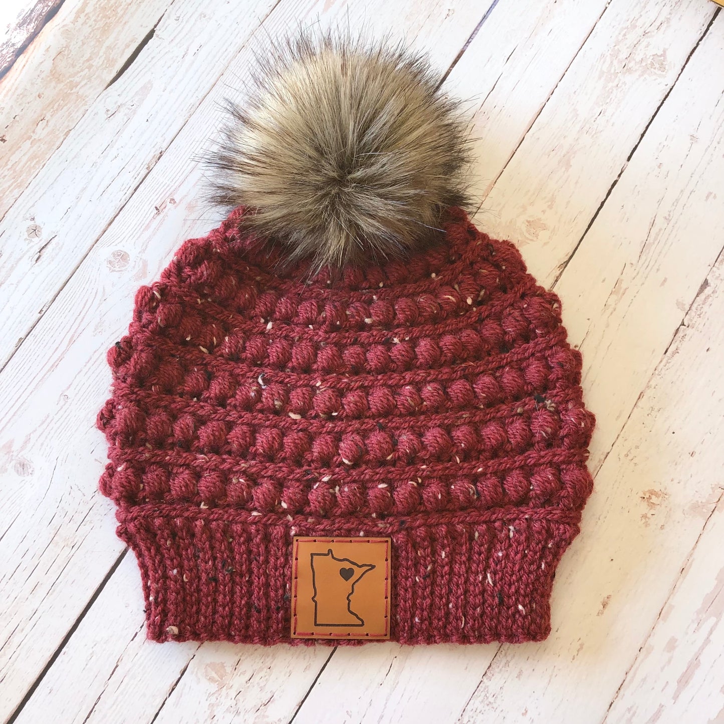 Premium Handmade Crochet Beanie in Various Colors | Gramercy Slouch with Minnesota Patch | Wool Blend | Detachable Faux Fur Pom Pom  |  Ready To Ship