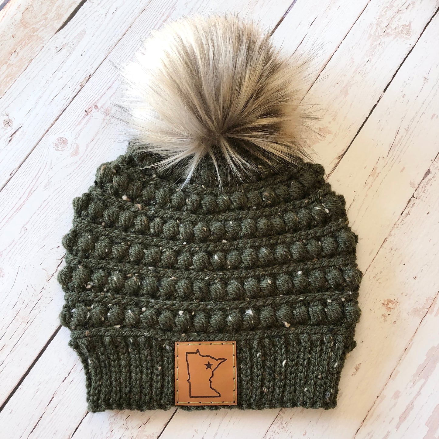 Premium Handmade Crochet Beanie in Various Colors | Gramercy Slouch with Minnesota Patch | Wool Blend | Detachable Faux Fur Pom Pom  |  Ready To Ship