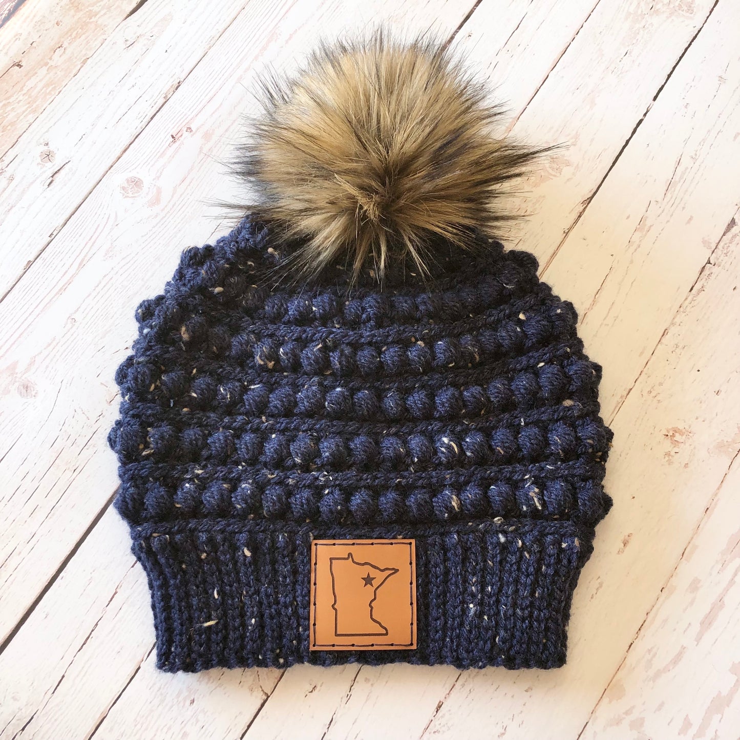 Premium Handmade Crochet Beanie in Various Colors | Gramercy Slouch with Minnesota Patch | Wool Blend | Detachable Faux Fur Pom Pom  |  Ready To Ship