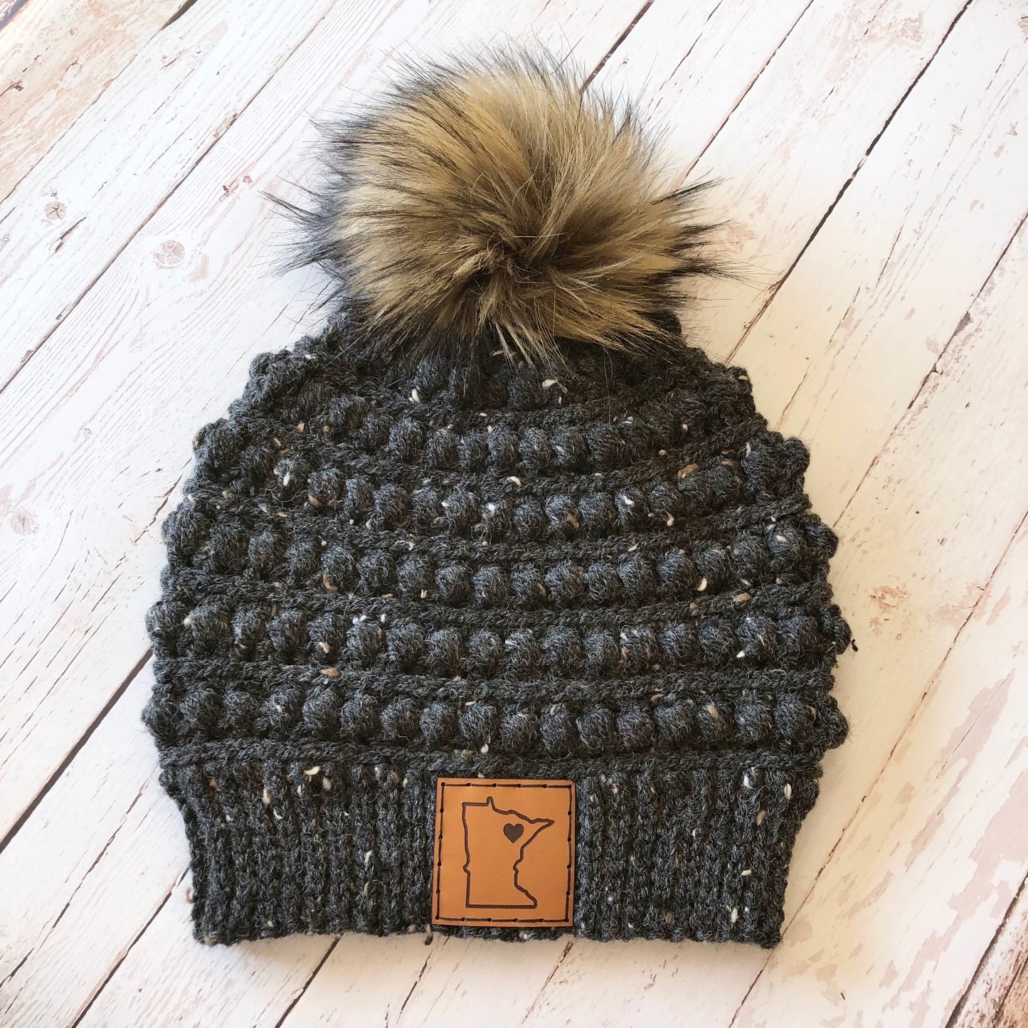 Premium Handmade Crochet Beanie in Various Colors | Gramercy Slouch with Minnesota Patch | Wool Blend | Detachable Faux Fur Pom Pom  |  Ready To Ship