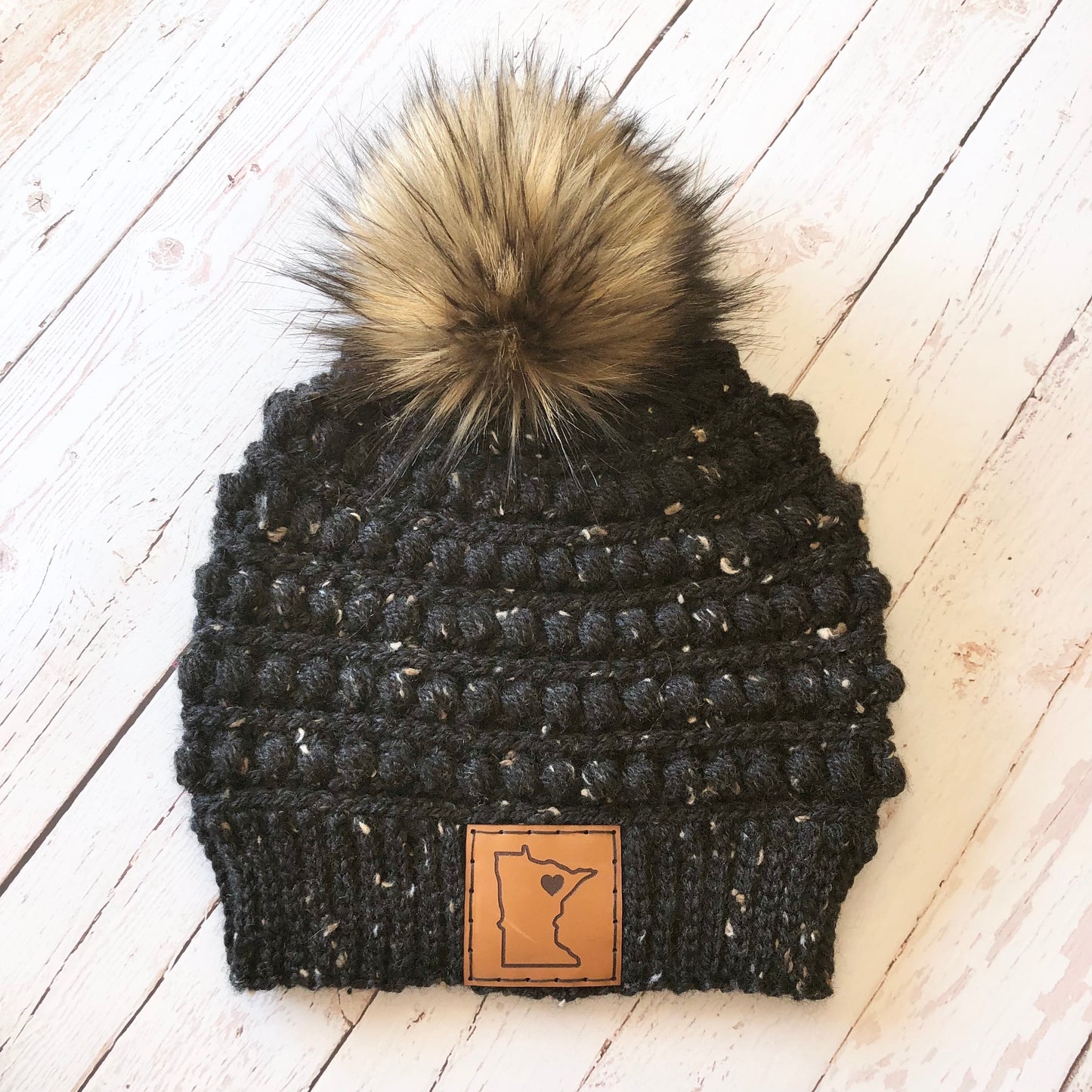 Premium Handmade Crochet Beanie in Various Colors | Gramercy Slouch with Minnesota Patch | Wool Blend | Detachable Faux Fur Pom Pom  |  Ready To Ship