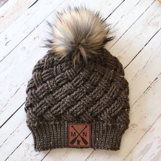 Premium Handmade Crochet Beanie with Minnesota Patch | Tundra Weave Slouch | Detachable Faux Fur Pom Pom | Ready To Ship