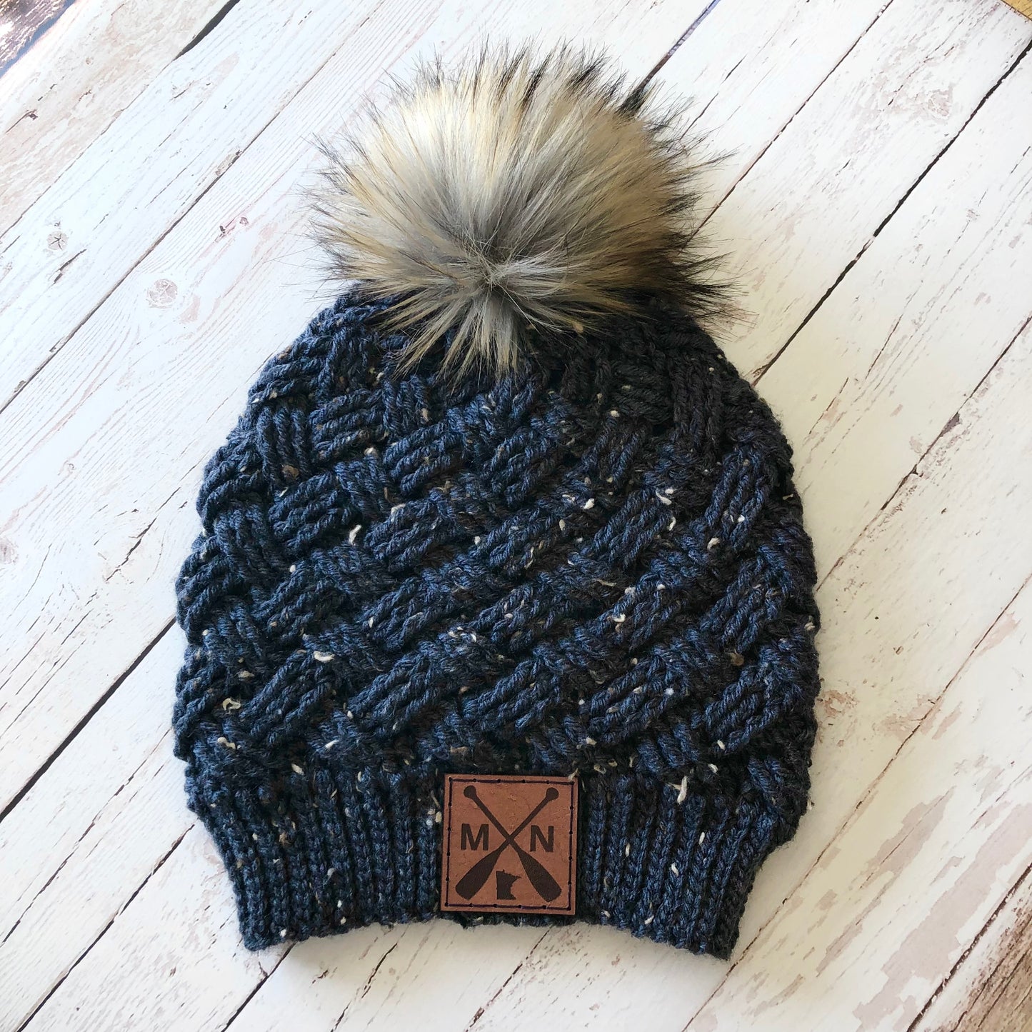 Premium Handmade Crochet Beanie with Minnesota Patch | Tundra Weave Slouch | Detachable Faux Fur Pom Pom | Ready To Ship