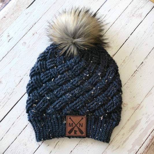 Premium Handmade Crochet Beanie with Minnesota Patch | Tundra Weave Slouch | Detachable Faux Fur Pom Pom | Ready To Ship