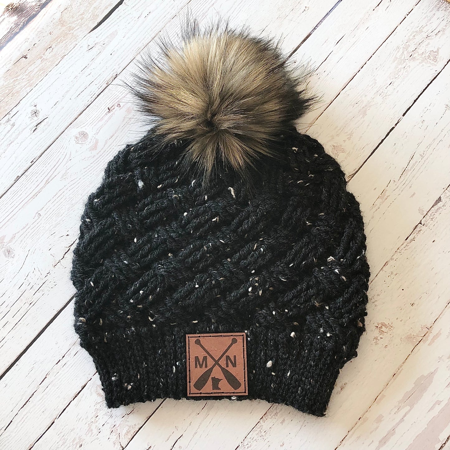 Premium Handmade Crochet Beanie with Minnesota Patch | Tundra Weave Slouch | Detachable Faux Fur Pom Pom | Ready To Ship