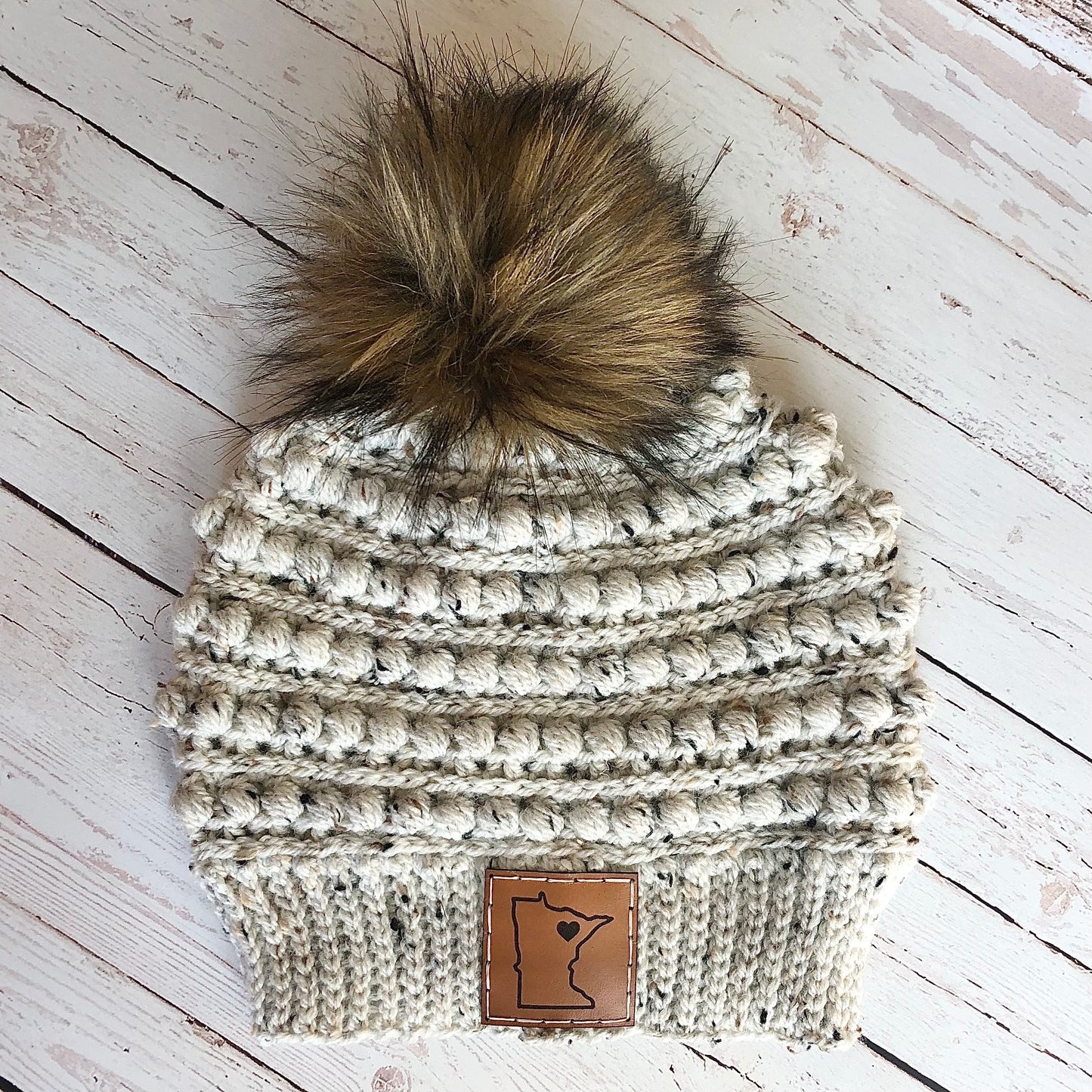Premium Handmade Crochet Beanie in Various Colors | Gramercy Slouch with Minnesota Patch | Wool Blend | Detachable Faux Fur Pom Pom  |  Ready To Ship