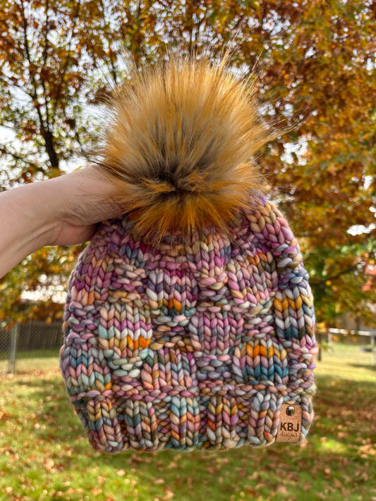 Checkerboard Slouch | LUXURY Handmade 100% Merino Wool Knit Beanie | Malabrigo Rasta | Detachable Faux Fur Pom Pom  | ADULT size | Ready To Ship