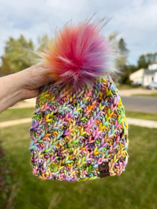 Convolution Beanie | LUXURY Handmade 100% Merino Wool Knit Beanie | Super Bulky Tweed by Fainting Goat Fiber Co | Detachable Faux Fur Pom Pom | ADULT size | Ready To Ship