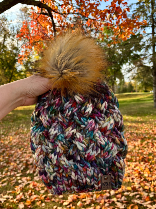 Yukon Slouch | LUXURY Handmade 100% Merino Wool Knit Beanie | Malabrigo Rasta | Detachable Faux Fur Pom Pom | ADULT size | Ready To Ship