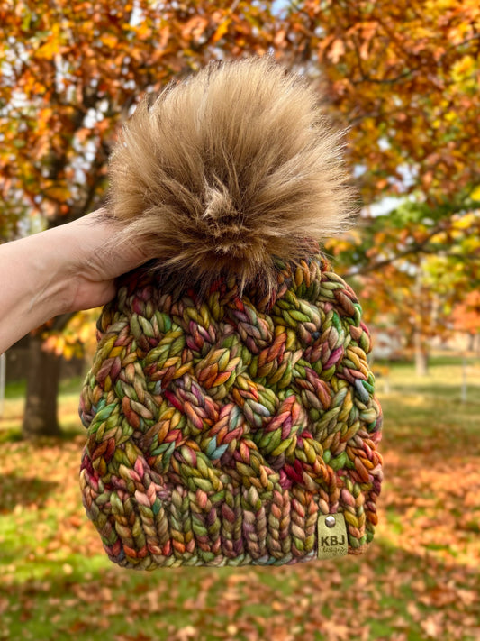 Yukon Slouch | LUXURY Handmade 100% Merino Wool Knit Beanie | Malabrigo Rasta | Detachable Faux Fur Pom Pom | ADULT size | Ready To Ship