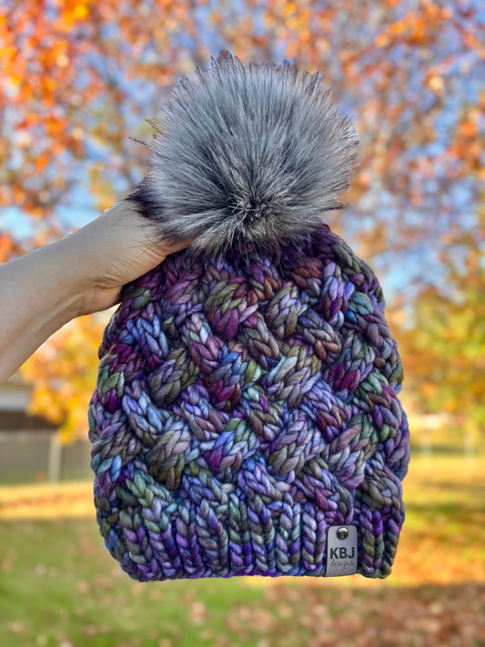 Yukon Slouch | LUXURY Handmade 100% Merino Wool Knit Beanie | Malabrigo Rasta | Detachable Faux Fur Pom Pom | ADULT size | Ready To Ship