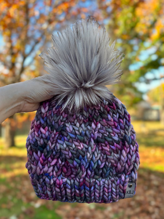 Diamond Twist Beanie | LUXURY Handmade 100% Merino Wool Knit Beanie | Malabrigo Rasta | Detachable Faux Fur Pom Pom | ADULT size | Ready To Ship