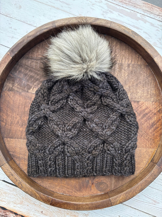 Double Cross Beanie | LUXURY Handmade 100% Merino Wool Knit Beanie | Malabrigo Chunky | Detachable Faux Fur Pom Pom | ADULT Size | Ready To Ship