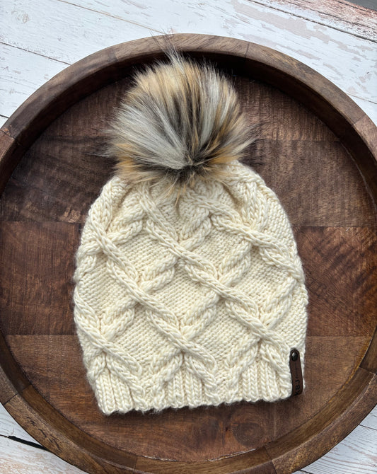 Double Cross Beanie | LUXURY Handmade 100% Merino Wool Knit Beanie | Malabrigo Mecha | Detachable Faux Fur Pom Pom | ADULT size | Ready To Ship