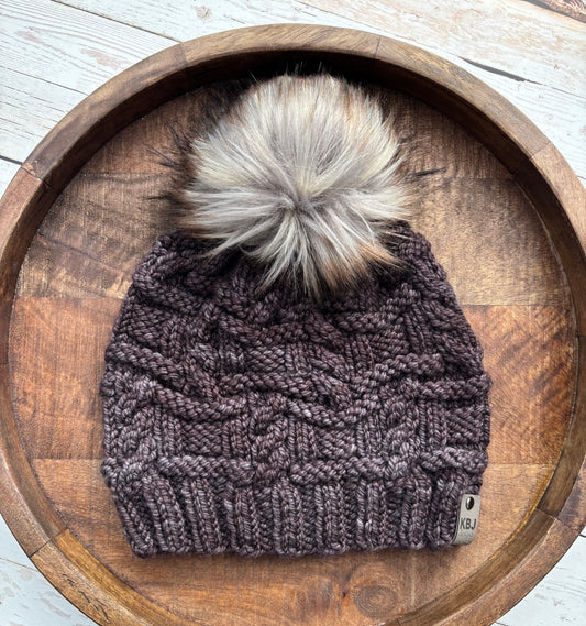Boxed Cables Beanie | LUXURY Handmade 100% Merino Wool Knit Beanie | Malabrigo Chunky | Detachable Faux Fur Pom Pom | ADULT size | Ready To Ship