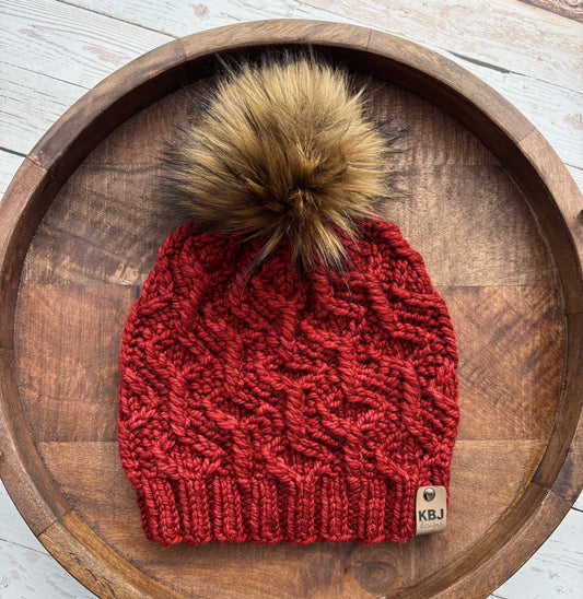 Wine Twister Beanie | LUXURY Handmade 100% Merino Wool Knit Beanie | Malabrigo Chunky | Detachable Faux Fur Pom Pom | SMALL ADULT Size | Ready To Ship