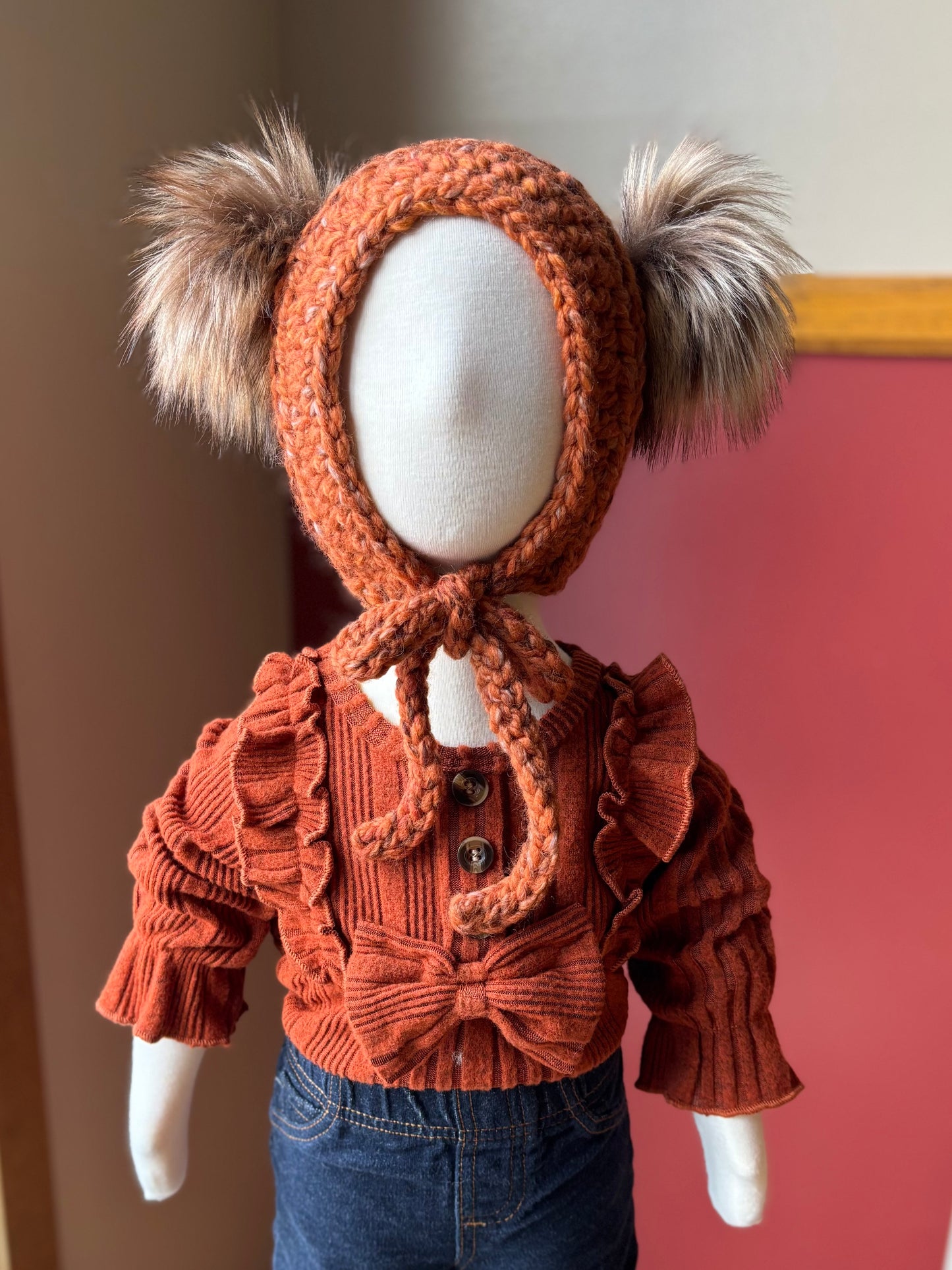 0-6 Months Double Pom Bonnet | Premium Handmade | Detachable Faux Fur Pom Poms | Ready To Ship