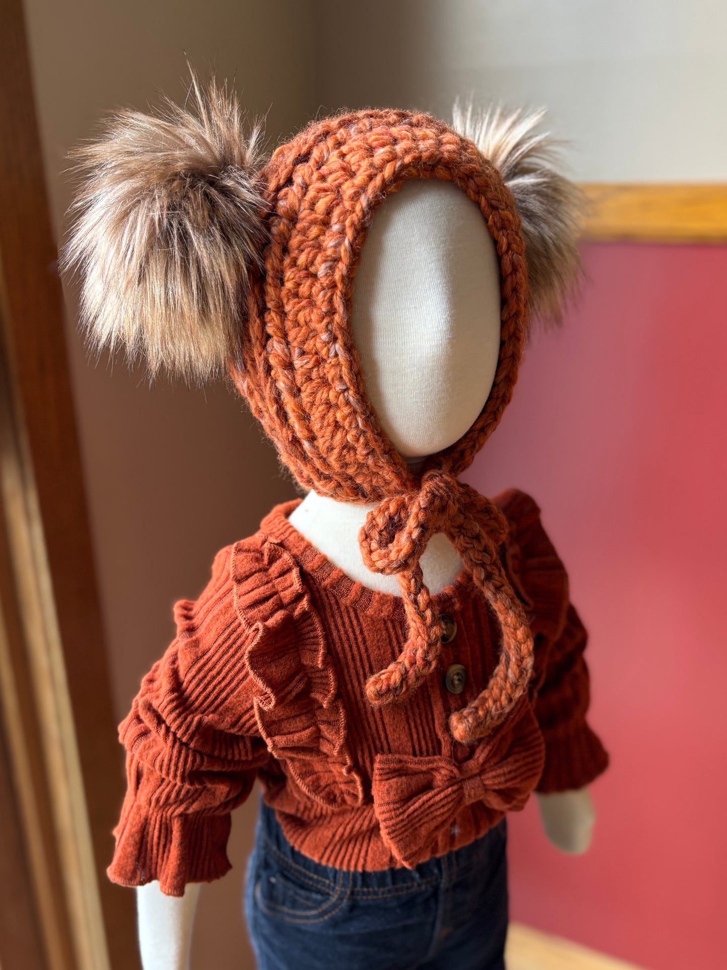 0-6 Months Double Pom Bonnet | Premium Handmade | Detachable Faux Fur Pom Poms | Ready To Ship