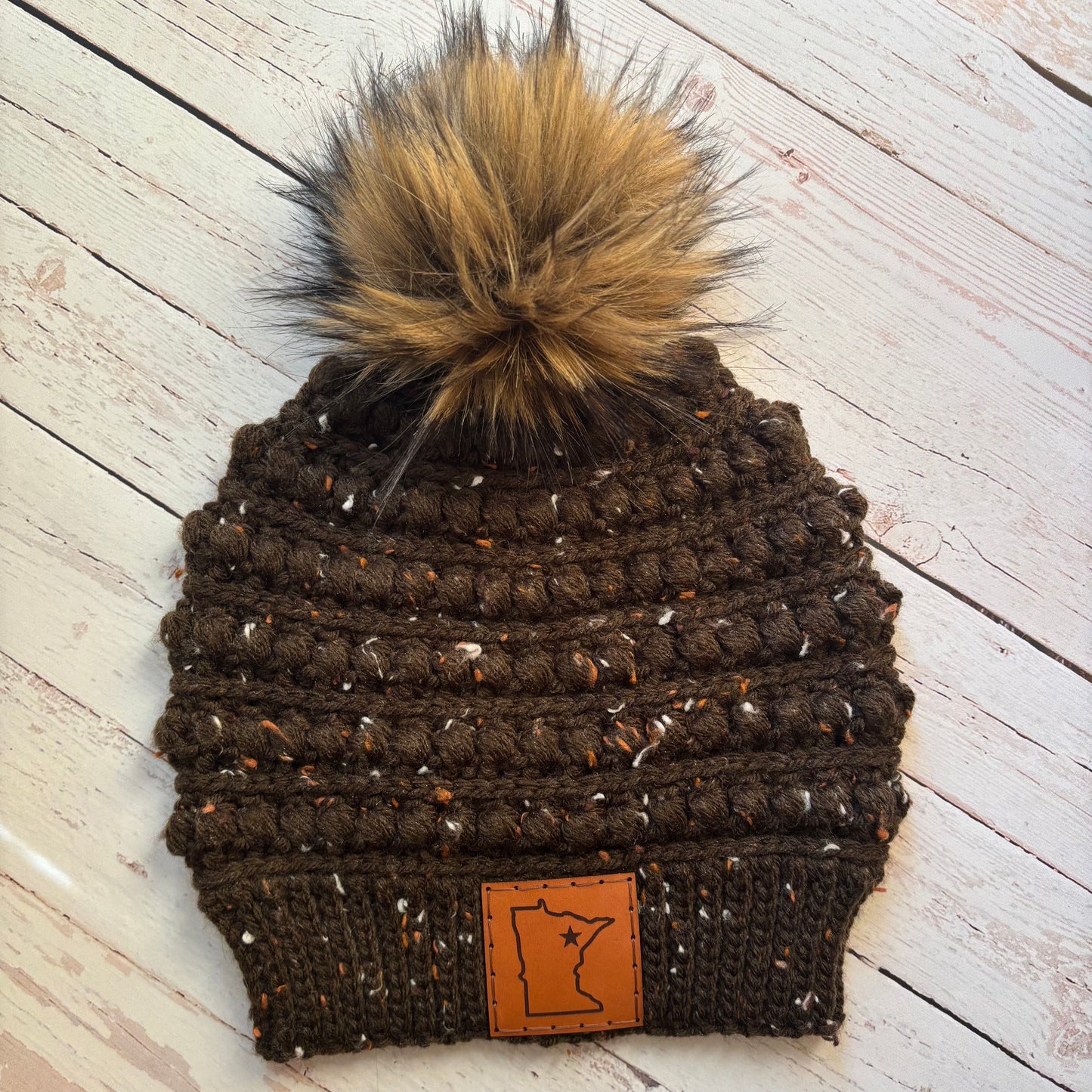 Premium Handmade Crochet Beanie in Various Colors | Gramercy Slouch with Minnesota Patch | NO WOOL (Acrylic) | Detachable Faux Fur Pom Pom  |  Ready To Ship