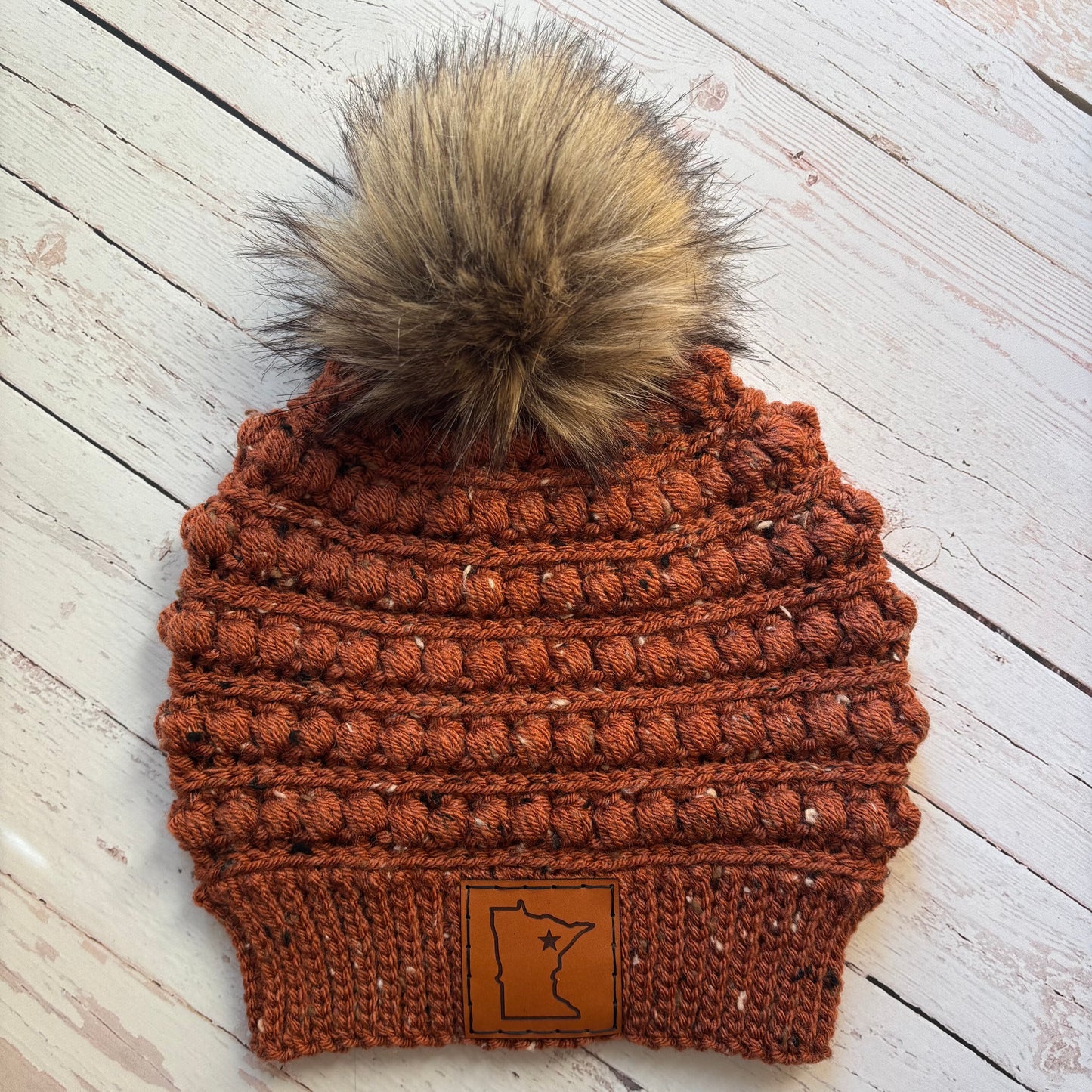 Premium Handmade Crochet Beanie in Various Colors | Gramercy Slouch with Minnesota Patch | NO WOOL (Acrylic) | Detachable Faux Fur Pom Pom  |  Ready To Ship